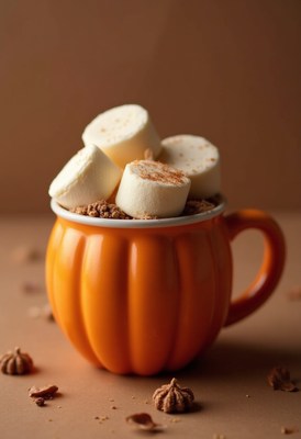 Cozy pumpkin mug filled with marshmallows for autumn