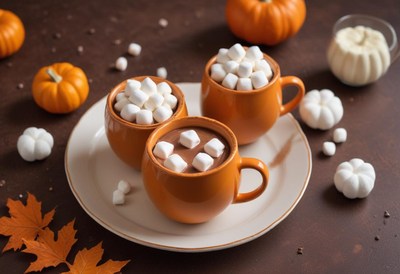 Warm drinks in orange mugs with marshmallows and pumpkins