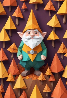 Gnome amid geometric trees in a colorful forest
