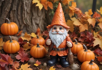 Gnome surrounded by pumpkins and autumn leaves outdoors