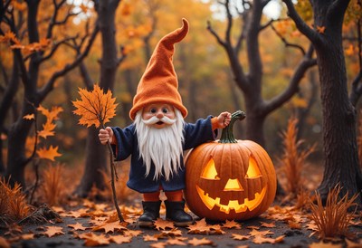 Gnome celebrates autumn with pumpkin in a colorful forest