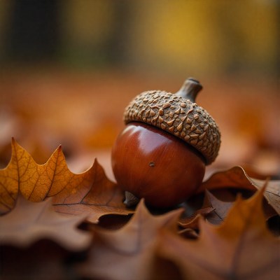 Acorn resting on autumn leaves in a serene forest