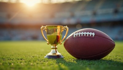 Football trophy and ball on the field at sunset