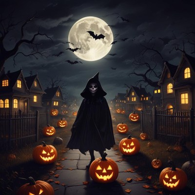 Spooky halloween night with pumpkins and a mysterious figure