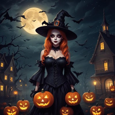 Halloween witch with pumpkins under a full moon
