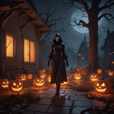 Spooky night with glowing pumpkins and hooded figure