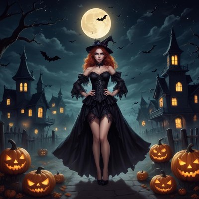 Witch in black dress with pumpkins under full moon