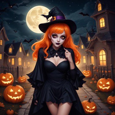 Witch with orange hair celebrates halloween night