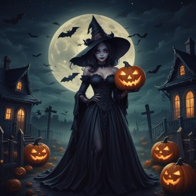Witch holding pumpkin near spooky houses under full moon