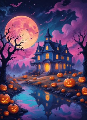 Spooky halloween scene with a haunted house and pumpkins