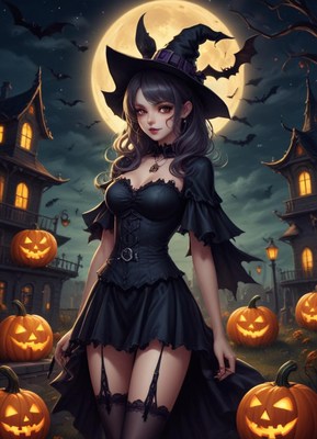 Enchanting witch by a haunted house on halloween night