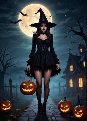 Spooky witch with pumpkins on halloween night