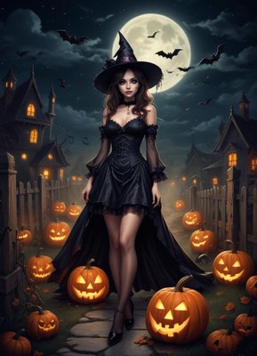Witch in black dress walks by pumpkins on halloween