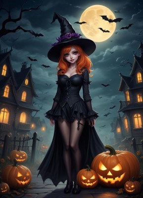 Witch in a spooky town with pumpkins at night