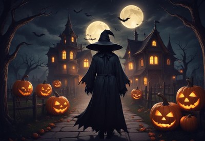 Witch facing haunted house with jack-o'-lanterns at night