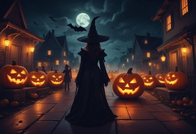 Spooky halloween night with witch and glowing pumpkins