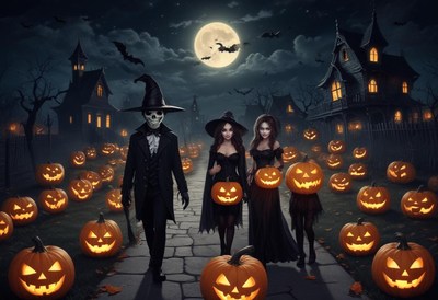 Celebrating halloween with friends in spooky costumes