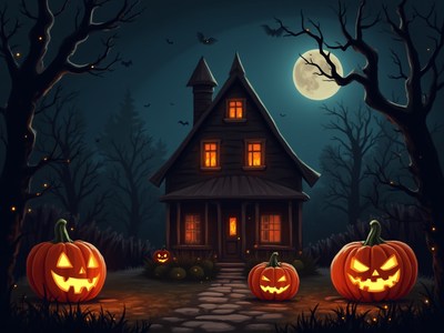 Spooky halloween scene with pumpkins and haunted house