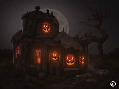 Creepy haunted house with glowing jack-o'-lanterns at night