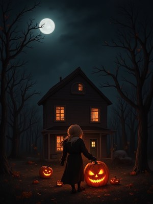 Child in halloween costume carries pumpkin in dark woods