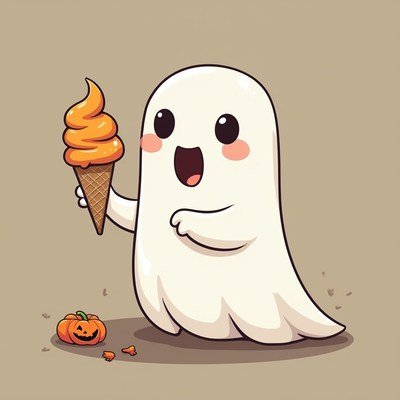 Cute ghost enjoying ice cream during halloween fun