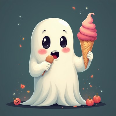 Cute ghost enjoying ice cream during halloween festivities