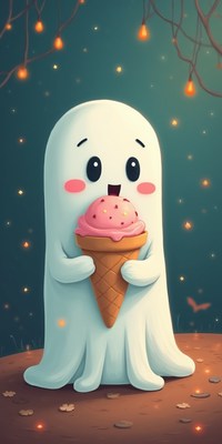 Cute ghost enjoying ice cream in a magical forest