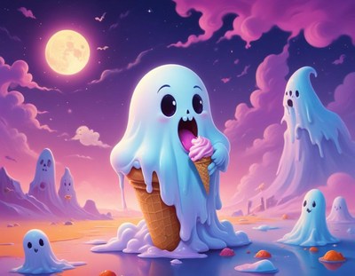 Cute ghosts enjoy ice cream in a colorful landscape at night