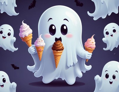 Cute ghost holding ice cream in a spooky scene