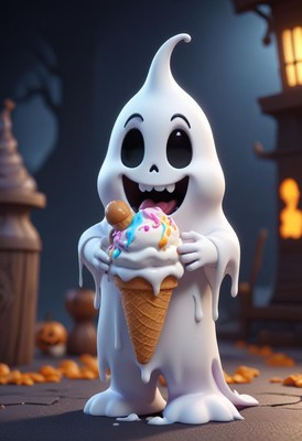 Cute ghost holding a melting ice cream cone at night