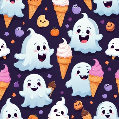 Cute ghosts enjoy ice cream in a fun halloween setting