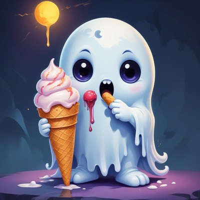 Cute ghost enjoys ice cream on a sunny day