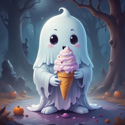 Ghost with ice cream in a spooky scene