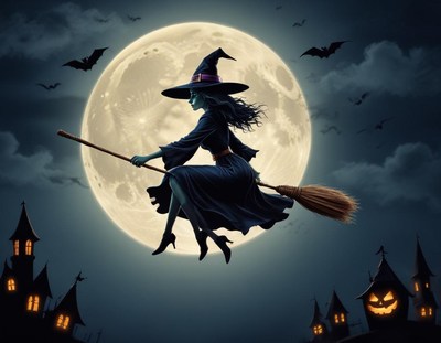 Witch flying under a full moon in a spooky night sky
