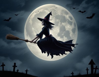 Witch flying over a graveyard under a full moon