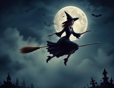 Witch flying under a full moon at night