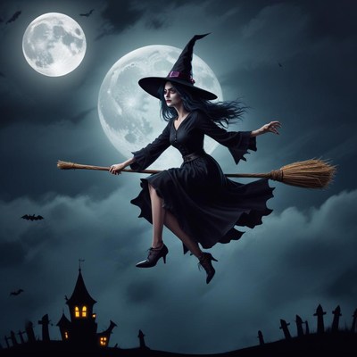 Witch flying on broomstick under a full moon at night