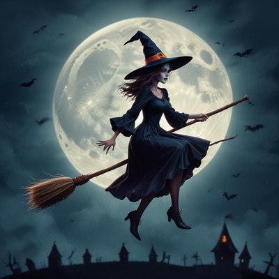 Witch flying on broomstick under a full moon