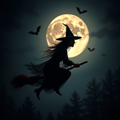Witch flying on broomstick under full moon at night