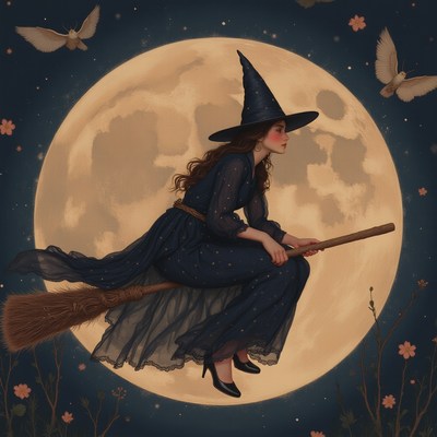 Witch flying on a broomstick under a full moon