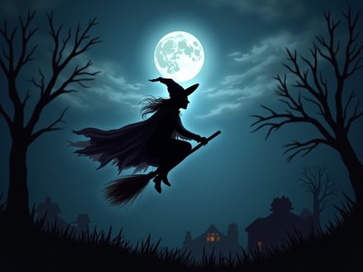 Witch flying on broom under a full moon at night