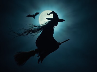 Witch flying under the full moon with a bat