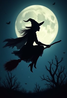 Witch flying on broomstick against a full moon backdrop