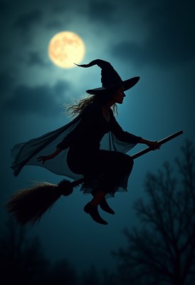 Witch flying on a broomstick under a full moon