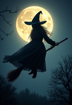Witch flying on a broomstick under a radiant full moon