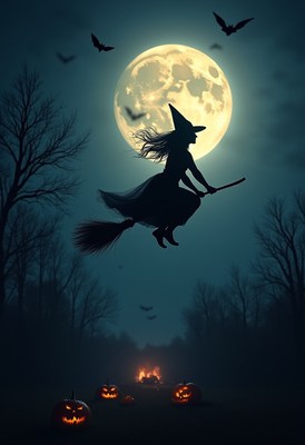 Witch flying on broomstick over pumpkins at night