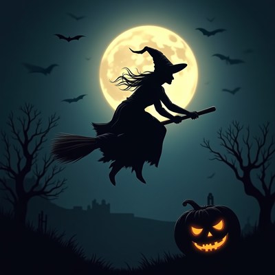 Witch flying on broomstick under full moon