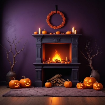 Cozy halloween decor with pumpkins and a fireplace glow