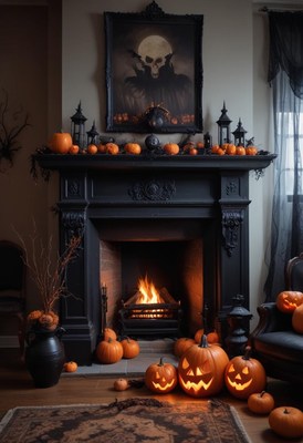 Halloween fireplace with carved pumpkins and decor