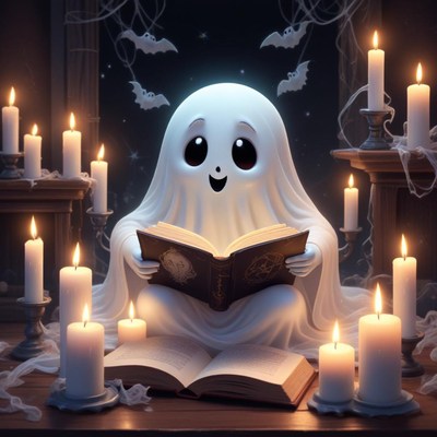 Cheerful ghost reading in a candlelit room